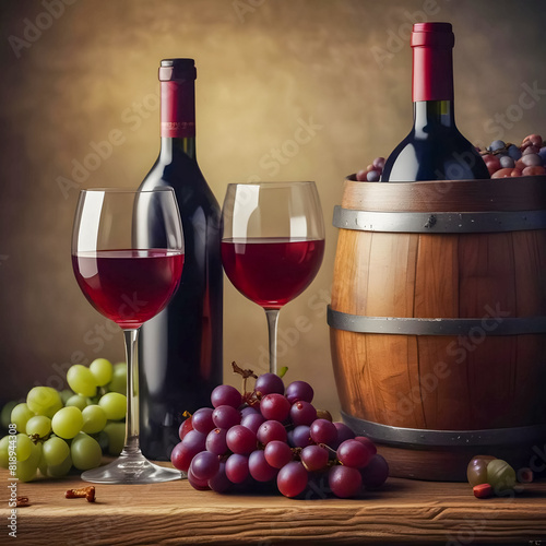 The elegance of winemaking: barrel, glasses, bottle, grapes and leaves. Wine world for true fans of this drink.