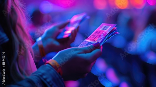 Hands holding colorful concert tickets under neon lights at music event.
