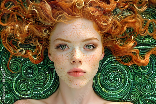 A girl with captivating green eyes and a constellation of freckles across her face lies with her vibrant orange hair fanned out over a mesmerizing green spiral background