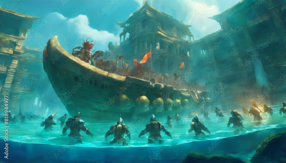 Fototapeta premium A digital art scene of an ancient city under siege, with soldiers storming the beach and a commanding ship looming in the turbulent sea.. AI Generation