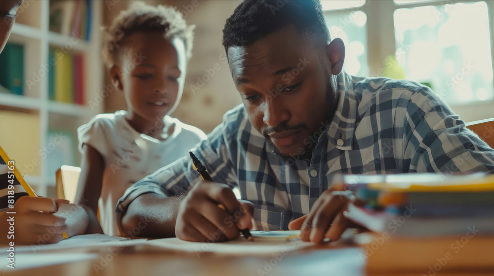 A man is writing with his children at a table.