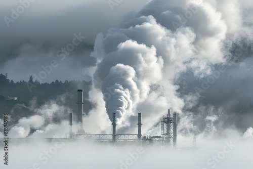Geothermal power plant with steam rising in dense fog atmospheric scene. sustainable energy concept