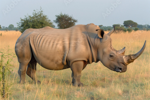 A full body side view of an African white rhino standing in the savannah  with its head slightly tilted to one side and its long horn extending out from its face