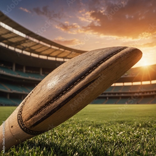 A close-up of a cricket bat hitting the ball with a picturesque sunset behind the stadium.   © Muhammad