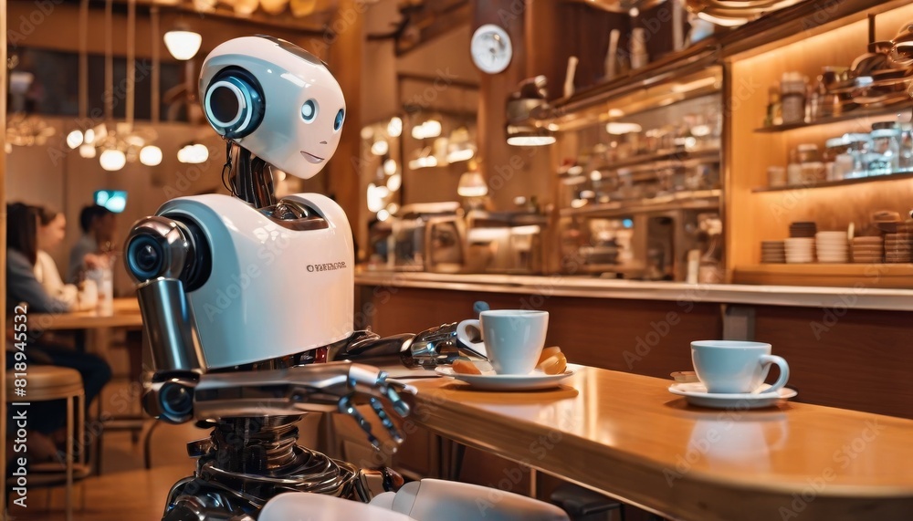 Fototapeta premium A humanoid robot barista skillfully serves coffee in a cozy cafe setting, showcasing modern automation.. AI Generation