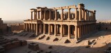 Warm sunrise light embraces an ancient temple, highlighting its deserted colonnades and the vast, sandy expanse surrounding it.
