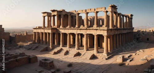 Warm sunrise light embraces an ancient temple, highlighting its deserted colonnades and the vast, sandy expanse surrounding it. photo