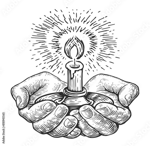 Hands holding burning candle in holder. Candlelight, candlestick. Hand drawn vector illustration sketch