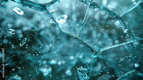 A close up of a shattered glass with water droplets on it