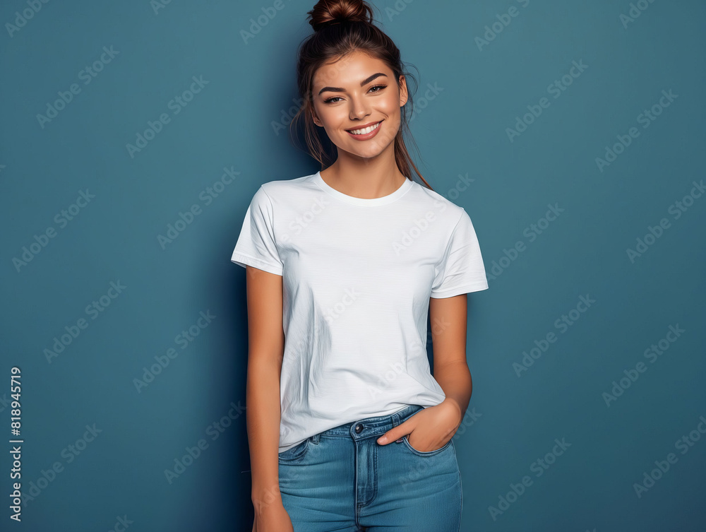 A young woman in jeans and white t - shirt. A young woman in jeans and white t - shirt.