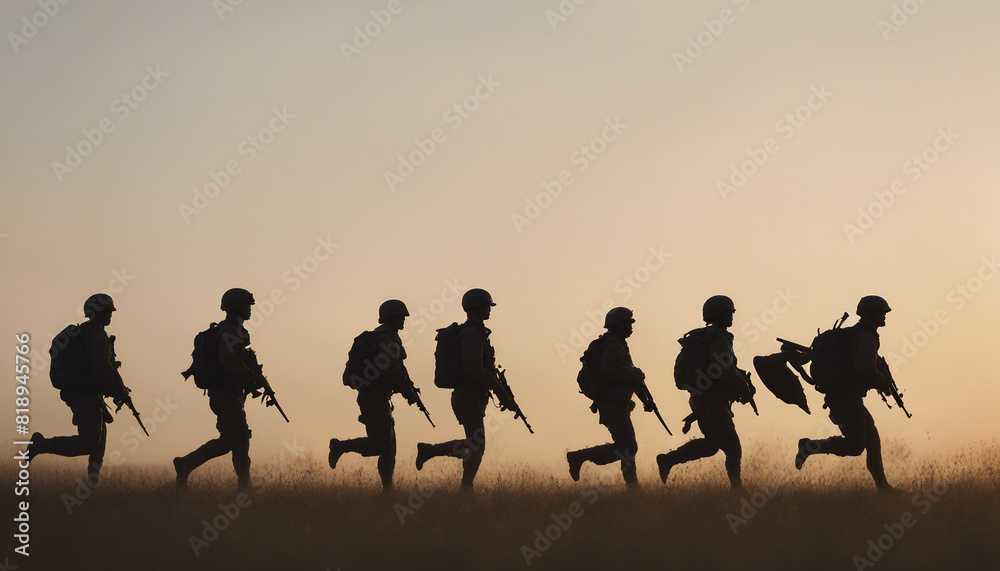 silhouette of soldiers on a morning run, lined up in a row in an open field
silhouette of soldiers on a morning run, lined up in a row in an open field