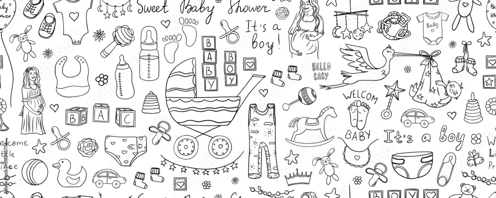 Seamless pattern of cute baby shower elements in doodle style. Baby shower boy and baby girl, happy mother, pregnant. Hand drawn. Great for invitation card, decoration party, design or advertising.