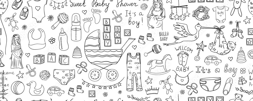 Seamless pattern of cute baby shower elements in doodle style. Baby shower boy and baby girl, happy mother, pregnant. Hand drawn. Great for invitation card, decoration party, design or advertising. Seamless pattern of cute baby shower elements in doodle style. Baby shower boy and baby girl, happy mother, pregnant. Hand drawn. Great for invitation card, decoration party, design or advertising.