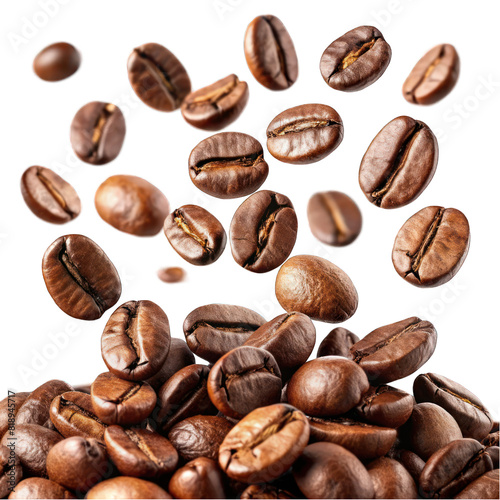 Close-up of scattered  roasted brown coffee beans on a white background