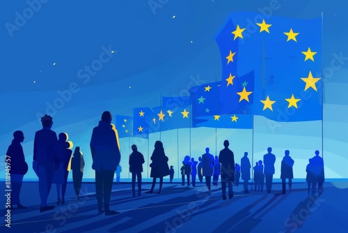 A diverse group of people standing proudly in front of a European flag, symbolizing unity and support for the EU photo