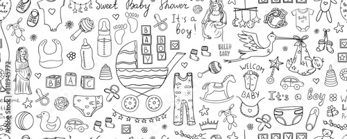 Seamless pattern of cute baby shower elements in doodle style. Baby shower boy and baby girl, happy mother, pregnant. Hand drawn. Great for invitation card, decoration party, design or advertising.
