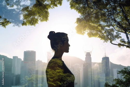 Chinese adult woman person standing with ideas in shadow contemplation mindfulness in urban Hong Kong city reflection with nature trees, waist up, rear view, behind, multi-layered effect, composite im