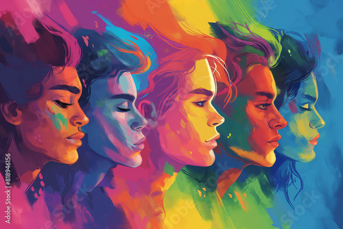 A poster features several lgbt people with different colored hair  in the style of pop art illustration  fauvist color explosions  oil painting  color gradients  colorful dreams  shaped canvas  symbol