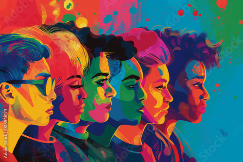 A poster features several lgbt people with different colored hair, in the style of pop art illustration, fauvist color explosions, oil painting, color gradients, colorful dreams, shaped canvas, symbol photo