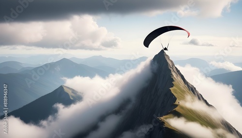 A mountain peak with a hang glider soaring through