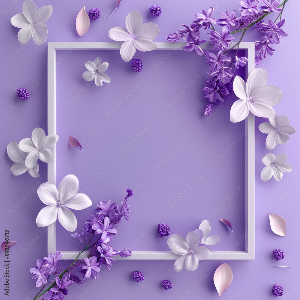 3D frame in 3D floral frame close-up with advertising space in lilac tones. Template for a greeting card, design for an exhibition-sale, advertising of perfumes, cosmetics, environmentally friendly go