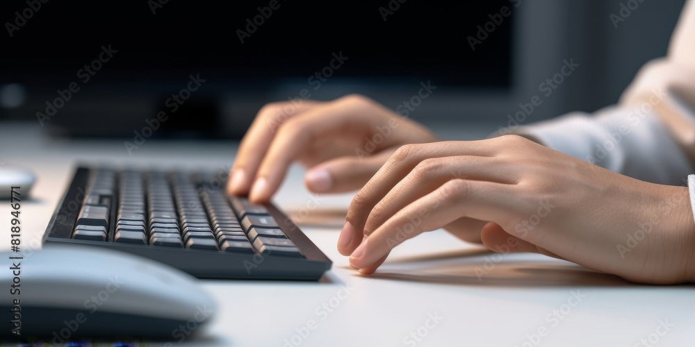Close-up index finger presses a key computer keyboards, Business person working on the computer, selective focus on finger