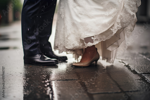 The bride and groom's feet on the wet asphalt. Outdoor wedding on a rainy day