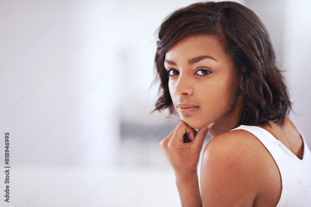 Portrait, girl and thinking for ideas in home as student in planning for education, development or exam. Female person, serious and confident with pride in future for learning, growth and career Portrait, girl and thinking for ideas in home as student in planning for education, development or exam. Female person, serious and confident with pride in future for learning, growth and career