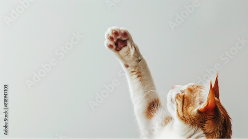 orange and white cat's paw reaching up, copy space. with high resolution photography, copy space for text banner background © CNISAK