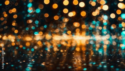 An abstract background featuring a multitude of bokeh lights, reflecting on a wet, textured surface with a warm golden glow.. AI Generation