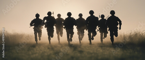 silhouette of soldiers on a morning run, lined up in a row in an open field 