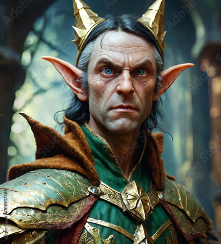 Vintage-Inspired Portrait of Leering Half-Elf Rogue Gen AI photo