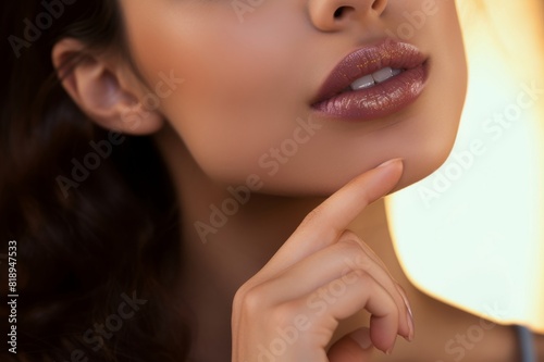 close-up of a young woman touching her lips