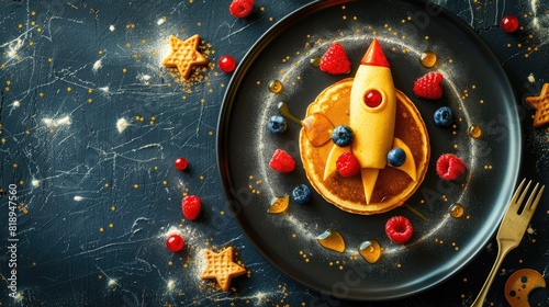 Pancakes with honey and berries in the form of a rocket. Selective focus