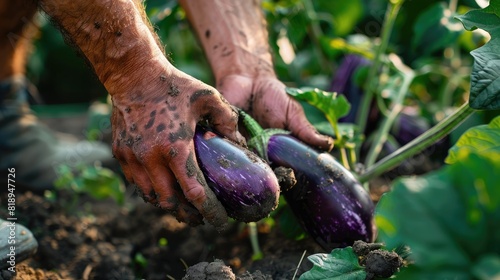 a man holds eggplants in his hands. Selective focus