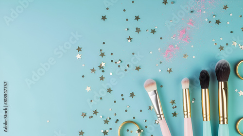 Make up beauty concept. trendy scrunchy makeup brushes barrettes gold rings and star shaped confetti on isolated pastel blue background ai generative photo
