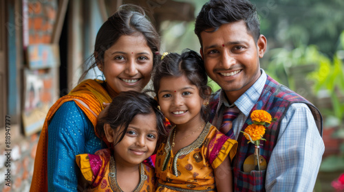 Portrait of a happy Indian family dressed in colorful traditional clothes, smiling together outdoors.