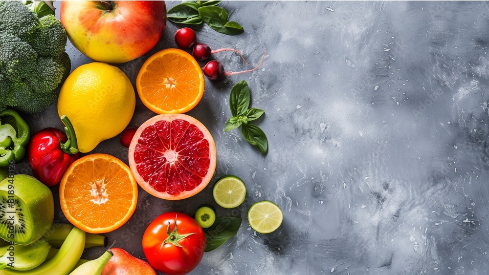 Fresh fruits and vegetables on grey background. Healthy eating concept. Flat lay, copy space.. with high resolution photography, copy space for text banner background Fresh fruits and vegetables on grey background. Healthy eating concept. Flat lay, copy space.. with high resolution photography, copy space for text banner background