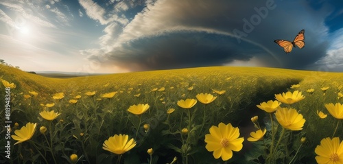 A wide panoramic view of a vibrant yellow flower field under a dynamic sky, with a solitary butterfly in motion.