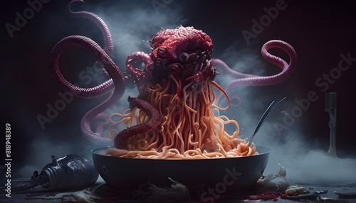 Cinematic Monstrous Spaghetti Creature Thriving in a Gothic Industrial Kitchen