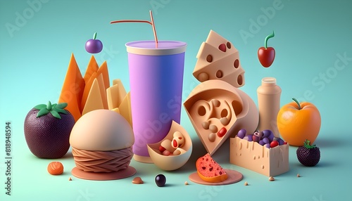 Vibrant D Rendering of Assorted Fruits and Vegetables on a Unique Color Palette