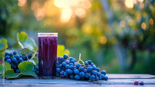 Grape juice on a table in the garden. Selective focus.