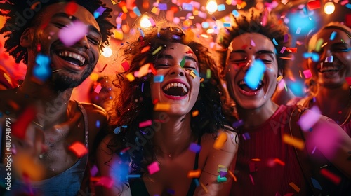 Celebratory Bonding: Friends Laughing and Dancing Under Neon Lights in an Industrial Warehouse during a Vibrant Birthday Party