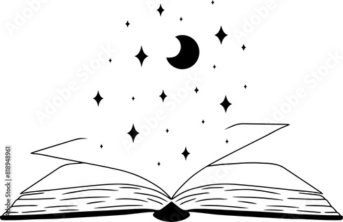 Minimalistic line art of book with stars and moon, magical silhouette art