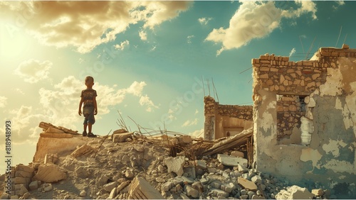 boy on the ruins of a house in the middle east. copy space. text.. with high resolution photography, copy space for text banner background