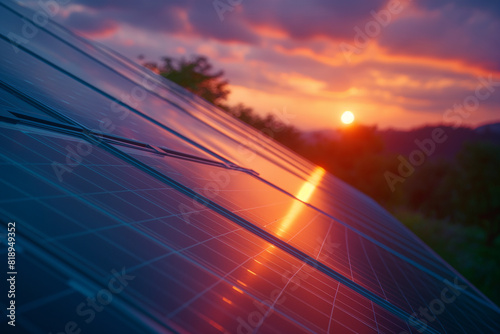 Close up of solar panels on the roof  photovoltaic power plant in modern house at sunset
