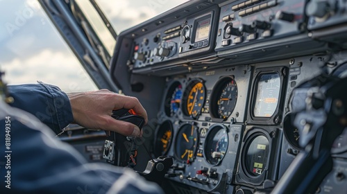 Pilots navigating aircraft cockpit using controls and monitoring instruments. Created with Generative AI.