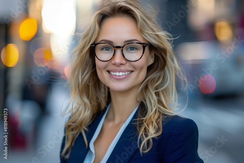 Portrait of a business woman with blonde hair and glasses, smiling, wearing a blue suit, standing on a street in the city