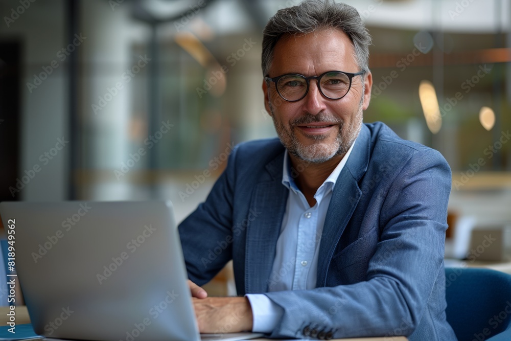 Portrait of a smiling businessman working on his laptop in the office. A middle aged business man is sitting at a table with his computer and documents Portrait of a smiling businessman working on his laptop in the office. A middle aged business man is sitting at a table with his computer and documents