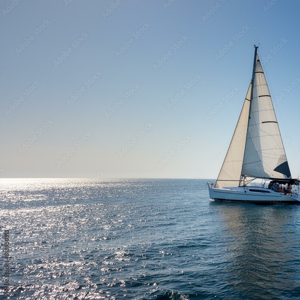 Fototapeta premium A sailboat on the open sea with a clear blue sky and sunlight in the background. white boat on blue sea